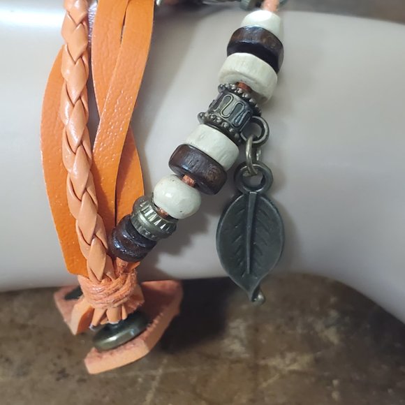 Beaded Bracelet Boho Watch - Leaf Charm - Orange - Picture 4 of 9